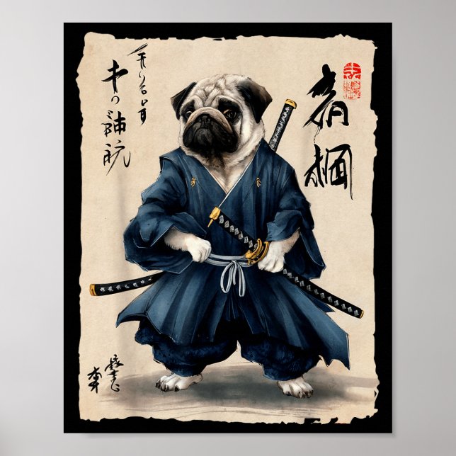Póster Samurai Pug Japanese Anime Dog Pug Lover Funny For (Frente)