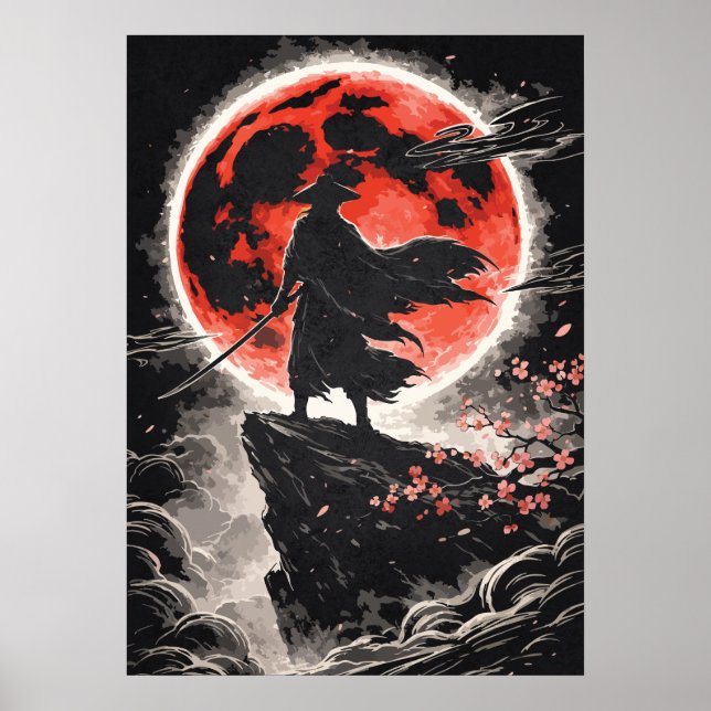 Póster Samurai Ronin in Red Moon - Japanese Anime Art (Frente)