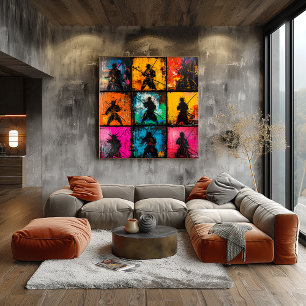 Póster Samurai Silhouette Art Grid Negrita Estilo Graffit