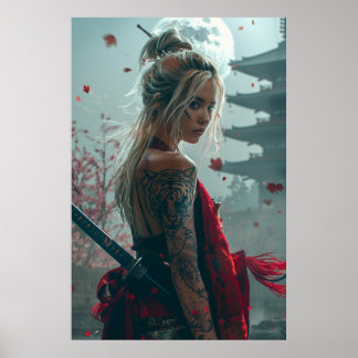 Póster Samurai woman warrior with katana — Japanese cultu