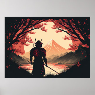 Póster Samurai y el Monte Fuji | Madera y cerezos en flor