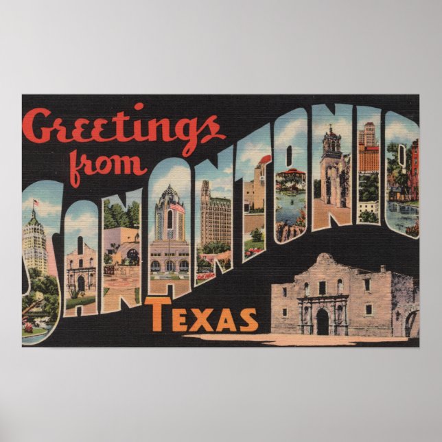 Póster San Antonio, Texas - Escenas de letras grandes (Frente)