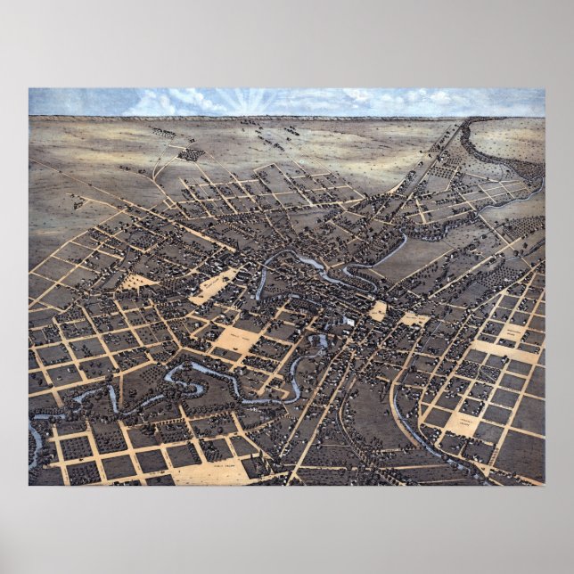 Póster San Antonio, Texas, Mapa de la Ciudad Aérea de Ant (Frente)