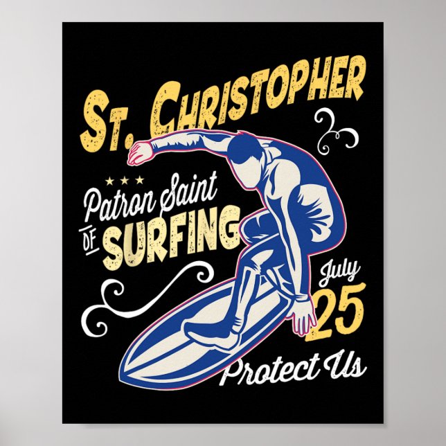 Póster San Cristóbal Surf Patrono de Surfing Gato (Frente)