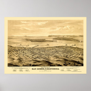 Póster San Diego, CA Mapa Panorámico - 1876