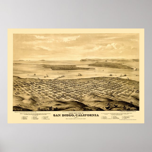 Póster San Diego, CA Mapa Panorámico - 1876 (Frente)