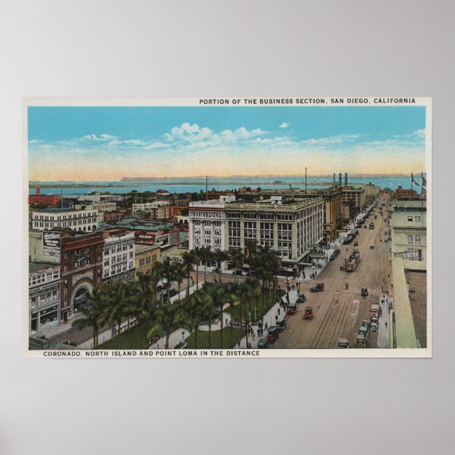 Póster San Diego, CA - Vista panorámica del centro de la  (Frente)