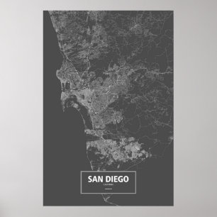 Póster San Diego, California (blanco sobre negro)