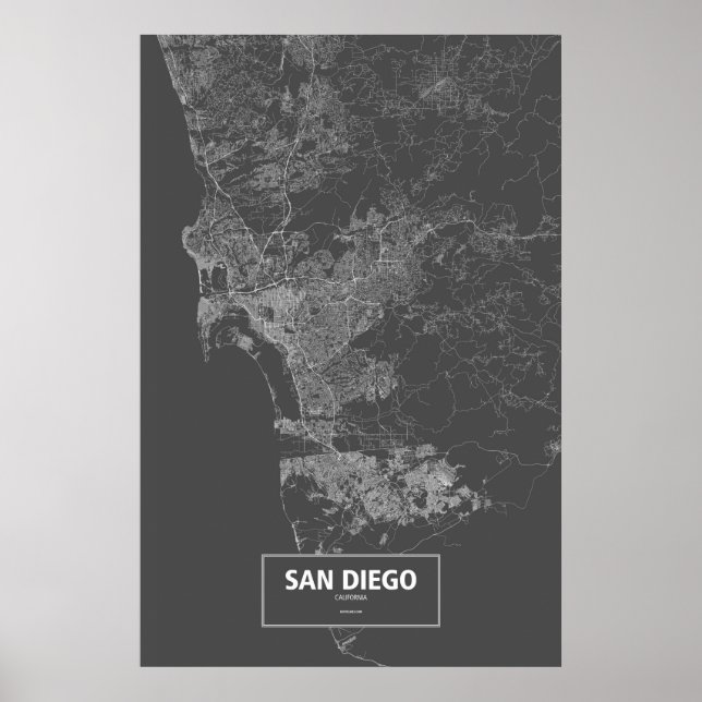 Póster San Diego, California (blanco sobre negro) (Frente)