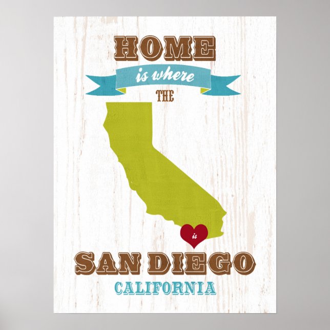 Póster San Diego, California Map - Home is Where the Hear (Frente)