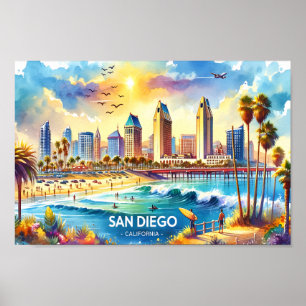 Póster San Diego California Travel Places acuarela