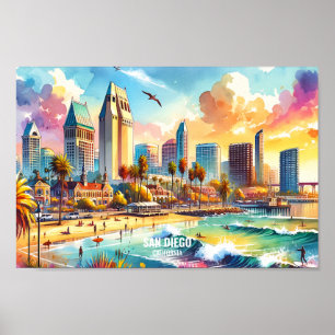 Póster San Diego California Travel Places acuarela