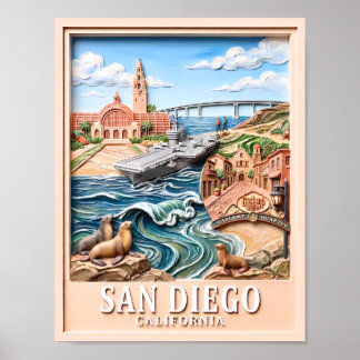 Póster San Diego California Viajes Monumentos 3D Texturiz