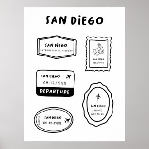 Póster San Diego - Colección de sellos de viaje   Minimal