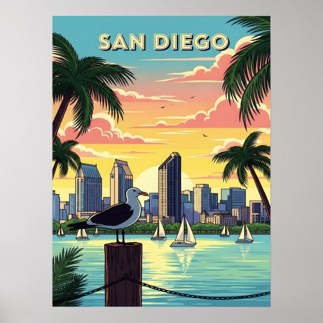Póster San Diego, perfil de California con gaviota (Frente)