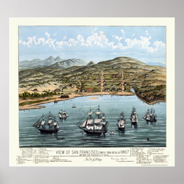 Póster San Francisco, CA Mapa Panorámico - 1847 (Frente)