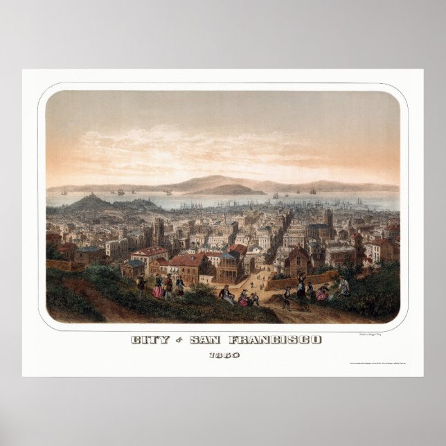 Póster San Francisco, CA Mapa Panorámico - 1860 (Frente)