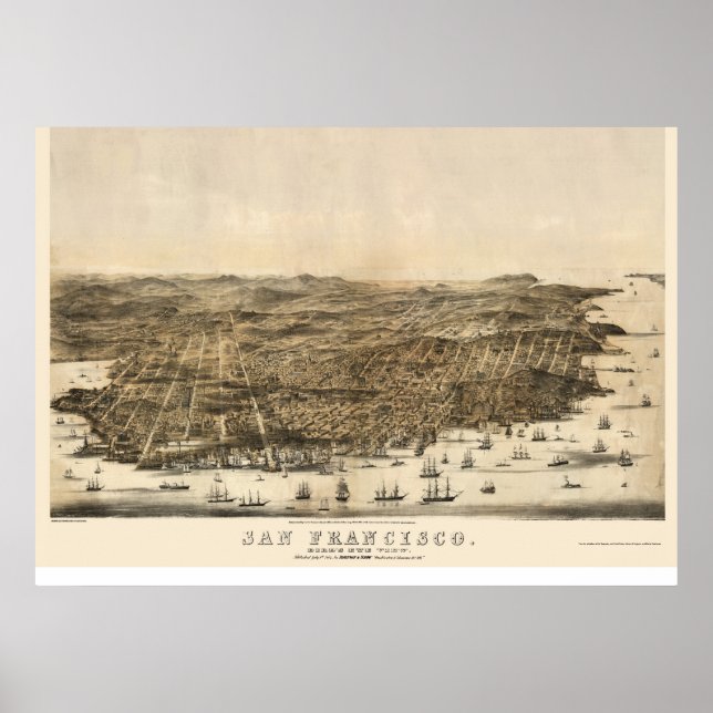 Póster San Francisco, CA Mapa Panorámico - 1864 (Frente)