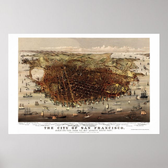Póster San Francisco, CA Mapa Panorámico - 1878 (Frente)