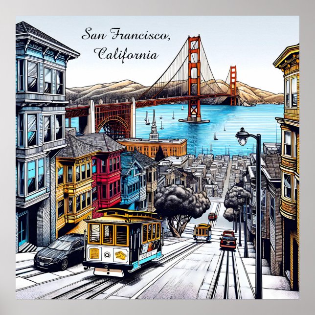 Póster San Francisco, California Comic Book Style Art (Frente)