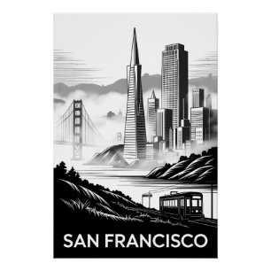 Póster San Francisco California Grabado en Madera Blanco