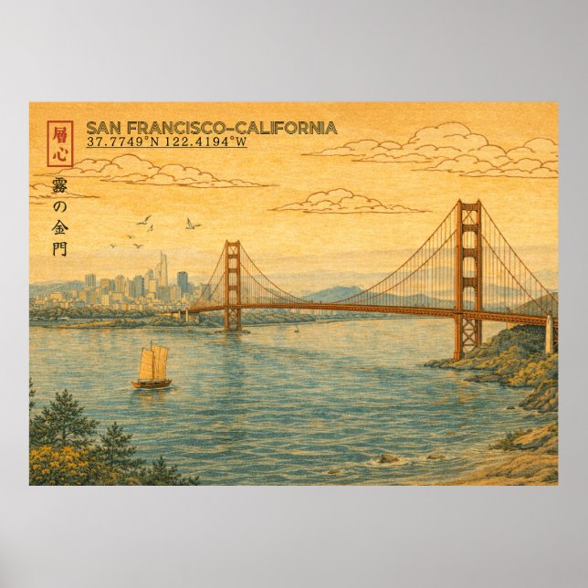 Póster San Francisco California Skyline in Japanese Ukiyo (Frente)