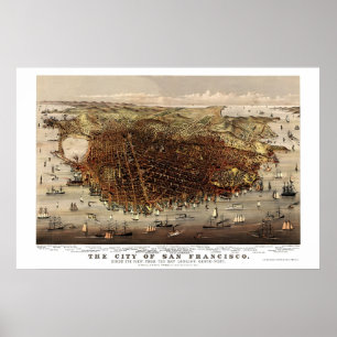 Póster San Francisco, mapa panorámico de CA - 1878