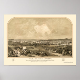 Póster San Francsico, mapa panorámico de CA - 1851