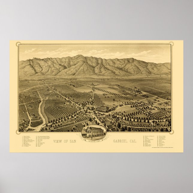 Póster San Gabriel, Mapa Panorámico del CA - 1893 (Frente)