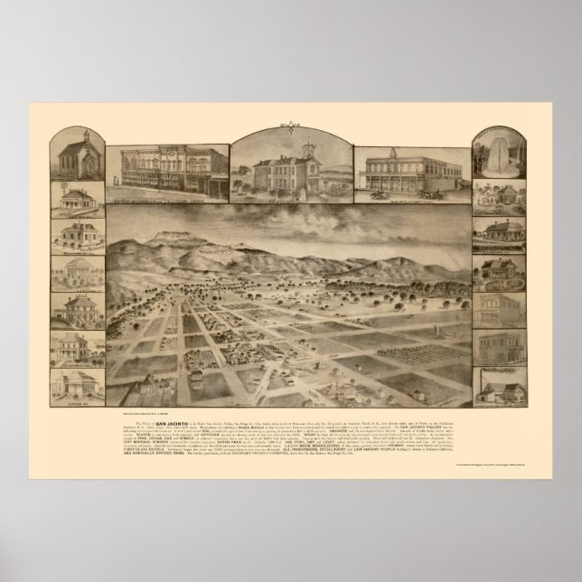 Póster San Jacinto, CA Mapa Panorámico - 1886 (Frente)