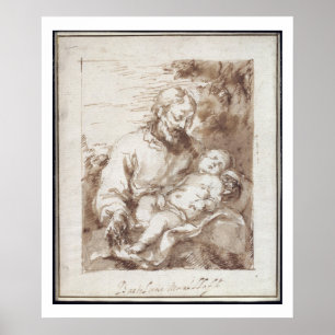 Póster San José con el niño de Cristo durmiente (pluma y