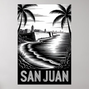 Póster San Juan Puerto Rico Grabado en Madera Blanco y Ne