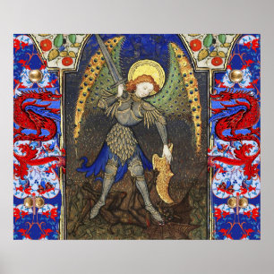Póster San Miguel Arcángel con Diablo, Dragones Rojos