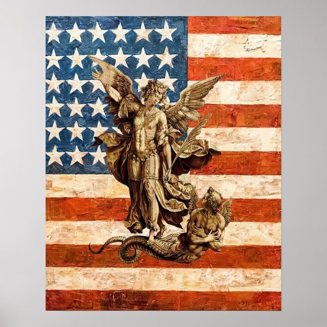 Póster San Miguel de Arcángel Bandera católica Santa EEUU (Frente)