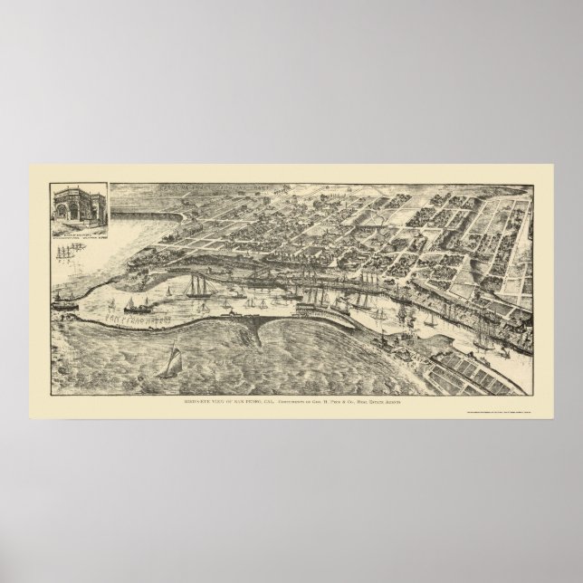 Póster San Pedro, CA Mapa Panorámico - 1905 (Frente)
