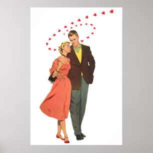 Póster San Valentín vintage, corazones flotantes romántic