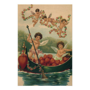 Póster San Valentín vintage, querubines victorianos en ba