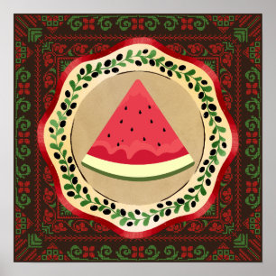 Póster sandía en plato de oliva con tatreez palestino