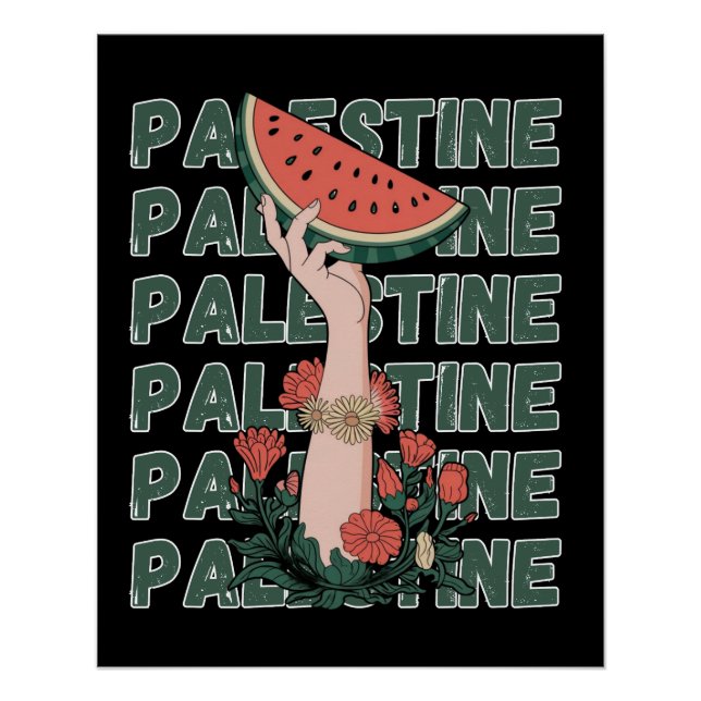 Póster sandía, flores y texto palestino Repetir (Anverso)