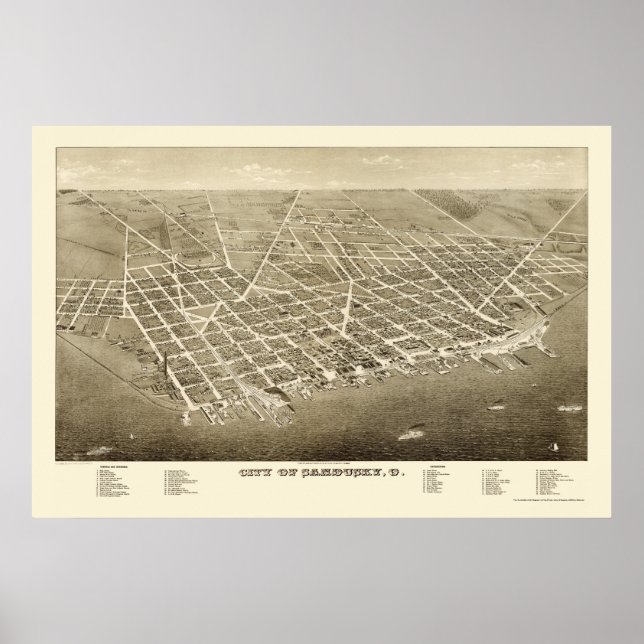 Póster Sandusky, OH Mapa Panorámico - 1883 (Frente)