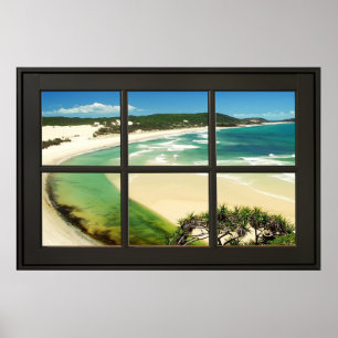Póster Sandy Beach Black Frame Faux Window Illusion