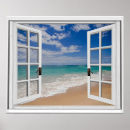 Póster Sandy Beach Ocean View Faux Window