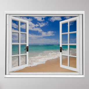 Póster Sandy Beach Ocean View Faux Window