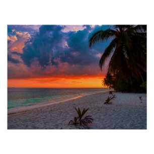 Póster Sandy Hawaiian Island Sunset Palm Beach Paradise