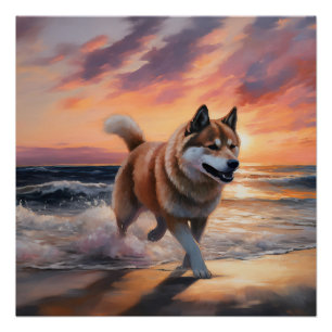 Póster Sandy Paws Akita Dog en Beach Sunset