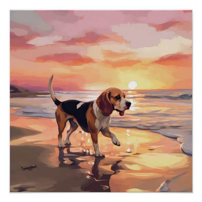 Póster Sandy Paws Beagle Dog en Beach Sunset (Anverso)