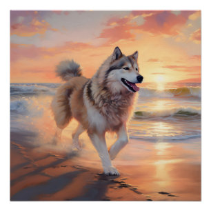 Póster Sandy Paws Perro Malamute de Alaska en puesta de s