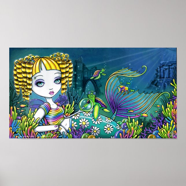 Póster "Sandy" Rainbow Sea Turtle Mermaid Art Poster (Frente)