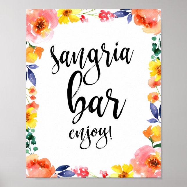Póster Sangria Bar Floral acuarela 8x10 Rótulo Boda (Frente)