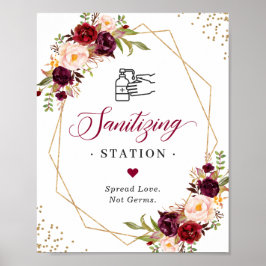 Póster Sanitization Station Rótulo Burgundy Floral Gold F